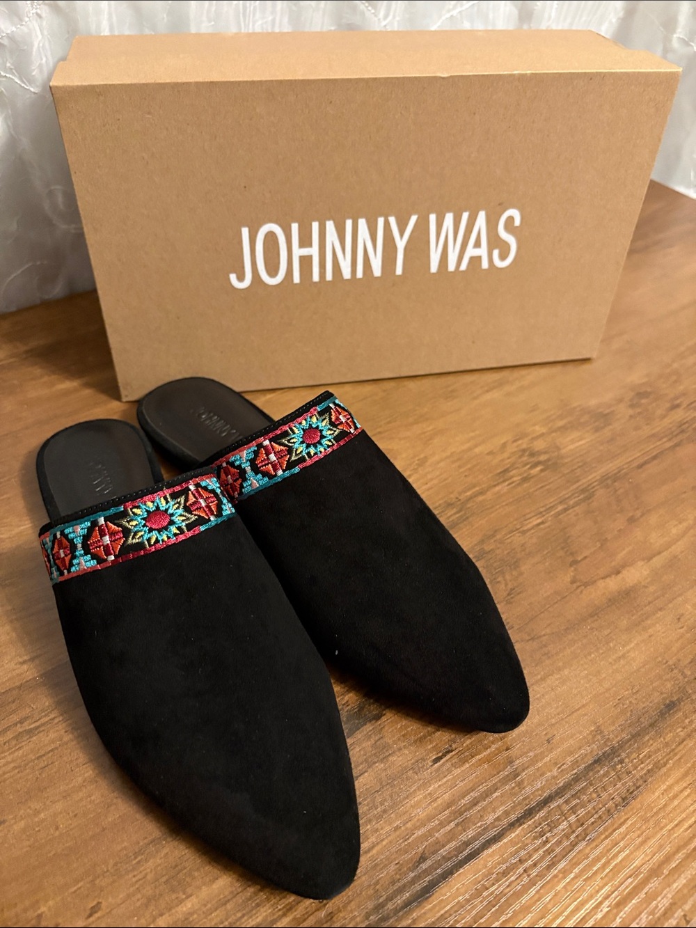 Johnny Was Black Suede Embroidered Mules